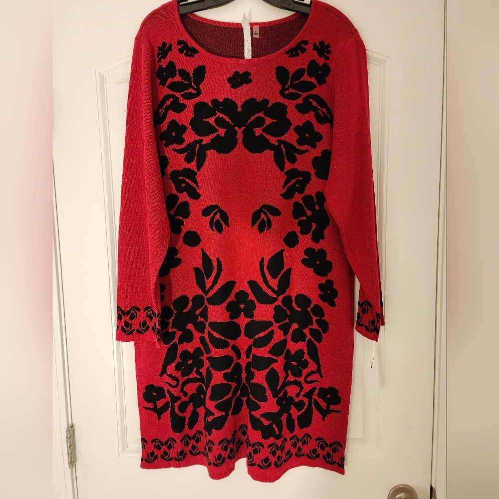 Chic Red Black Knit Sweater Dress Tunic NWT Size 1X Cozy Tomato Girl Mobwife